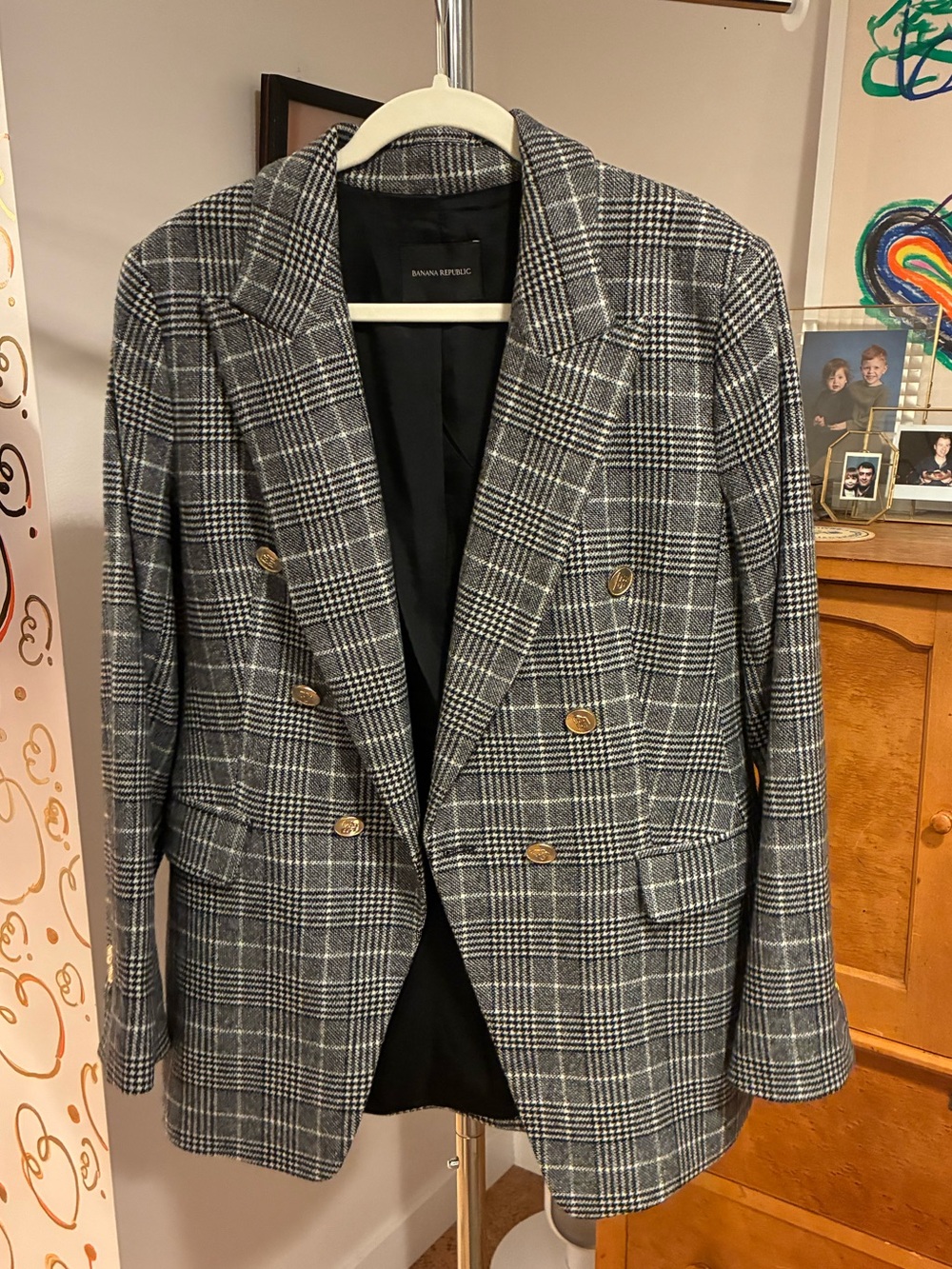 Banana Republic Black and Gray Glen Plaid Double-Breasted Blazer